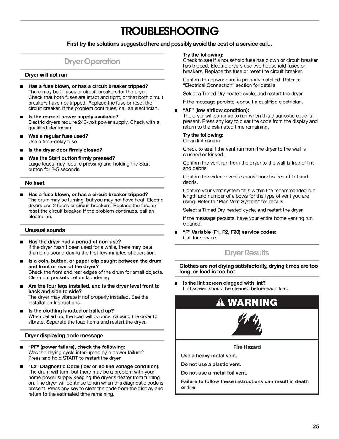 Amana W10216186A manual Troubleshooting, Dryer Operation, Dryer Results 