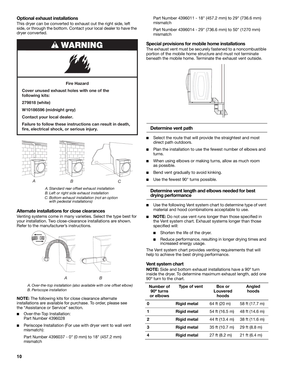 Amana W10216187A manual Optional exhaust installations, Alternate installations for close clearances, Determine vent path 