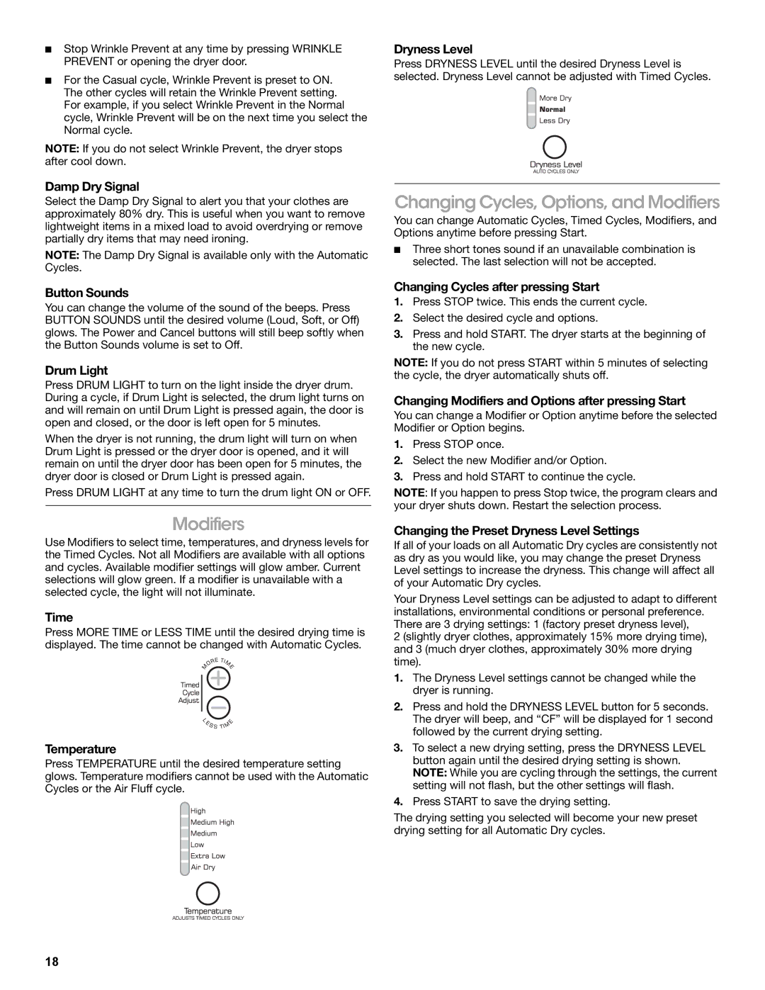 Amana W10216187A manual Changing Cycles, Options, and Modifiers 