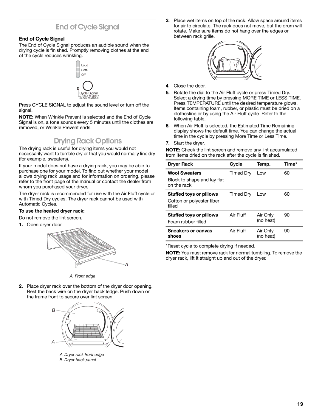 Amana W10216187A manual End of Cycle Signal, Drying Rack Options 