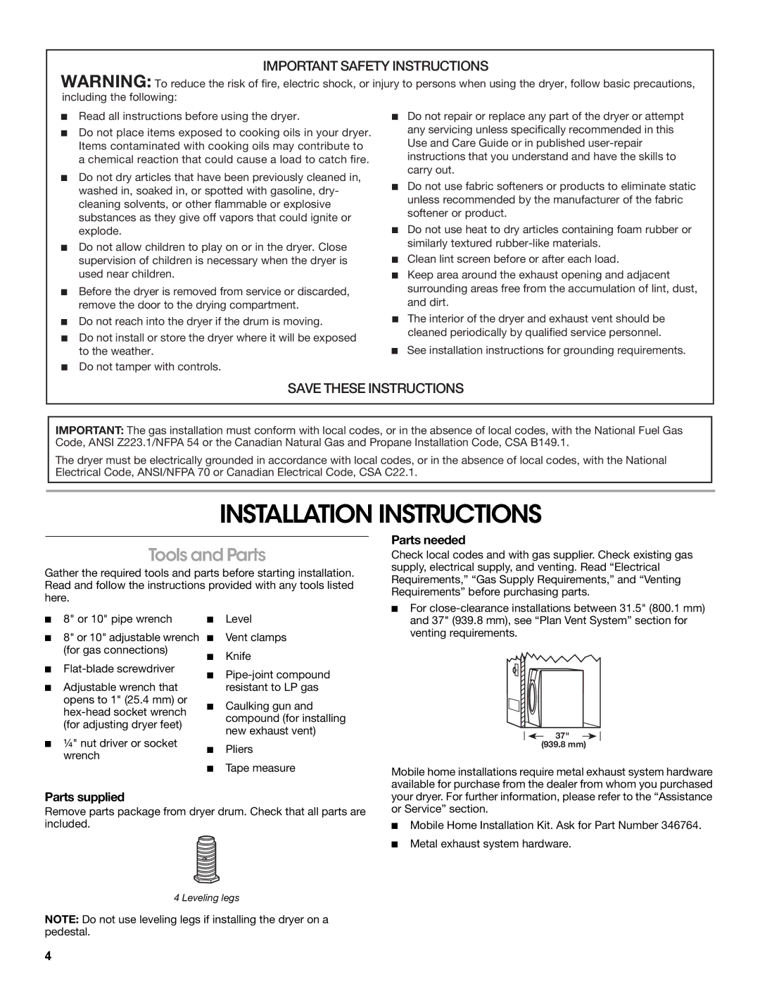 Amana W10216187A manual Installation Instructions, Tools and Parts, Parts needed, Parts supplied 