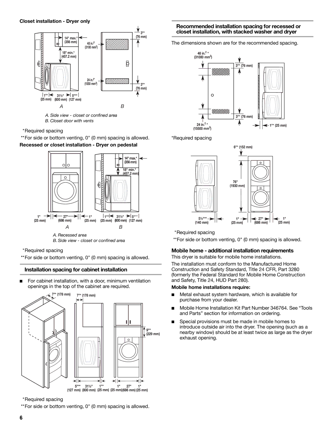 Amana W10216187A manual Installation spacing for cabinet installation, Mobile home additional installation requirements 