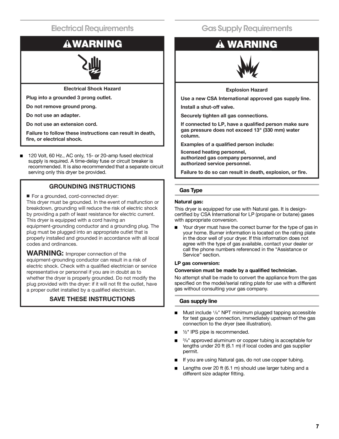 Amana W10216187A manual Electrical Requirements, Gas Supply Requirements, Gas Type, Gas supply line, Natural gas 