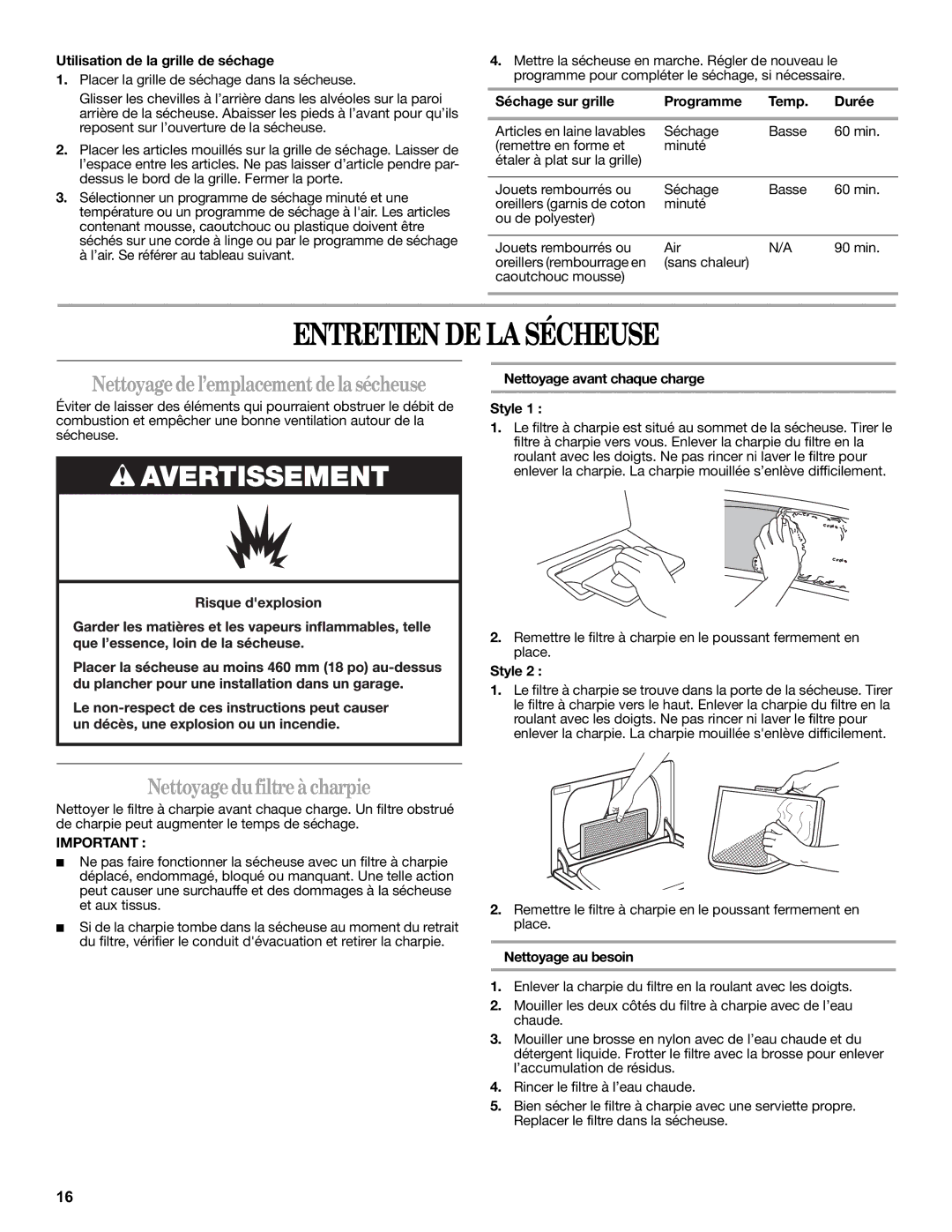 Amana W10232964A warranty Entretien DE LA Sécheuse, Nettoyage du filtre à charpie 