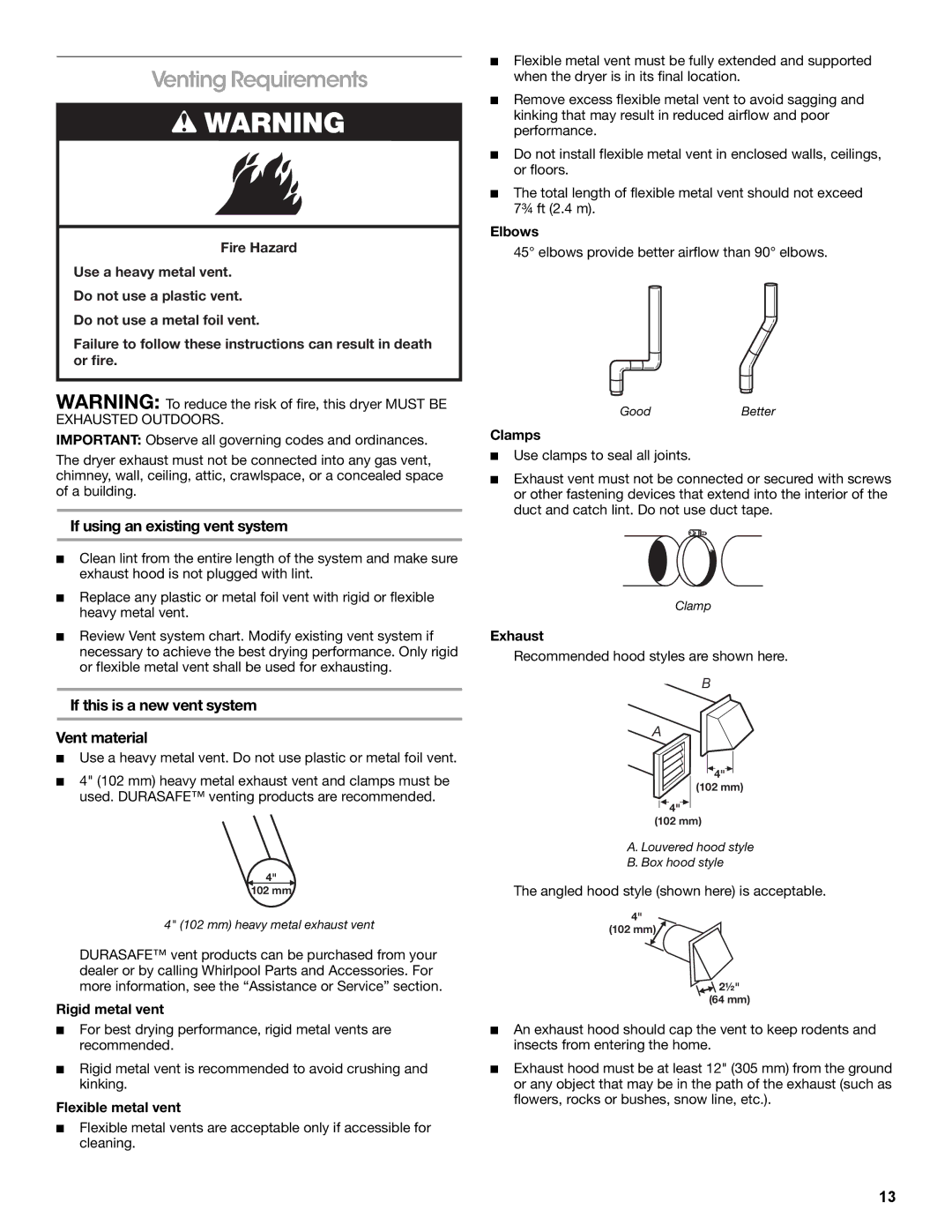 Amana W10233410A manual Venting Requirements, If using an existing vent system, If this is a new vent system Vent material 