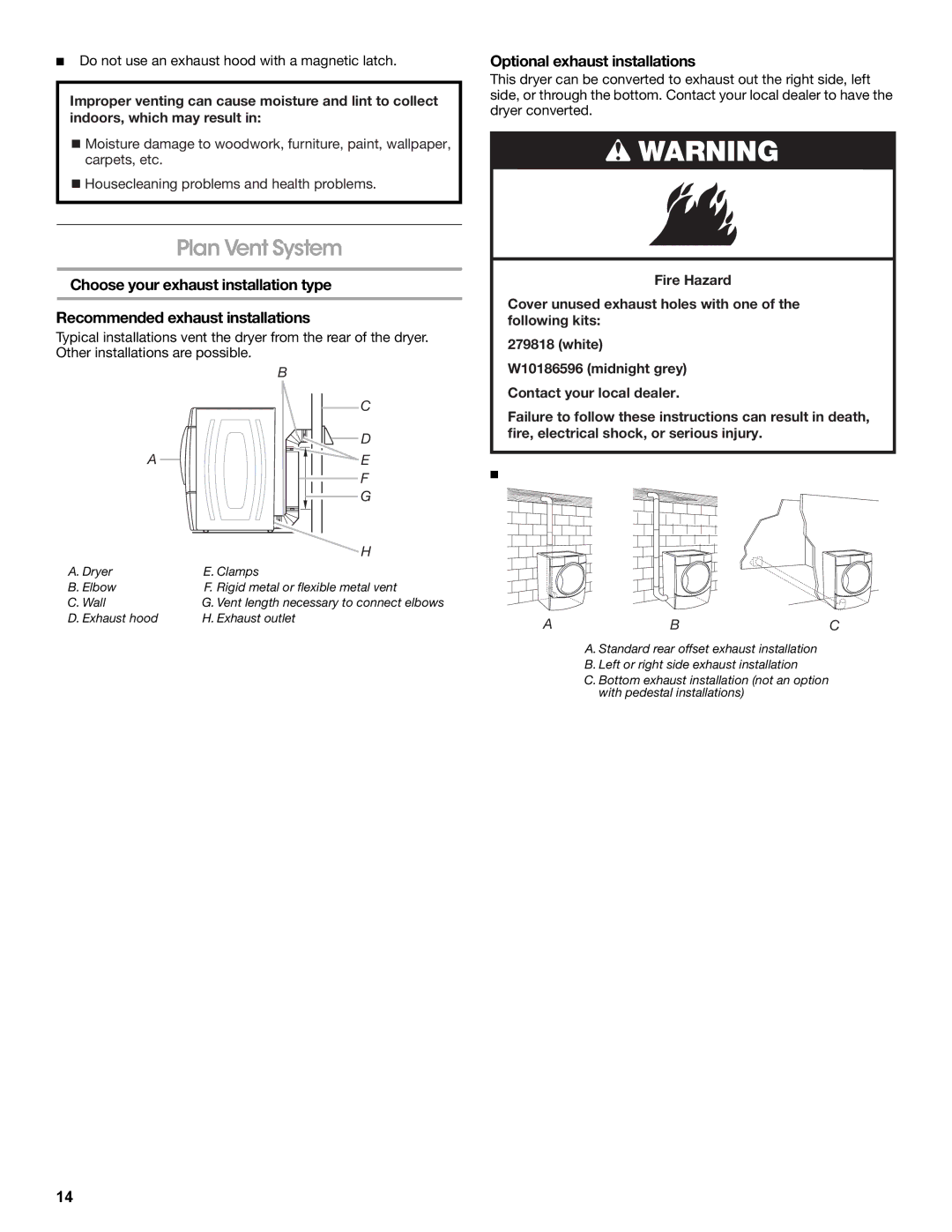 Amana W10233410A manual Plan Vent System, Optional exhaust installations, Do not use an exhaust hood with a magnetic latch 