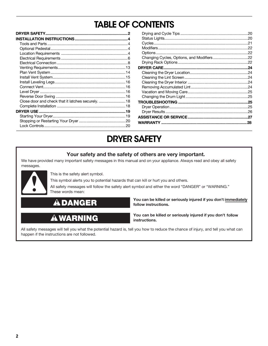 Amana W10233410A manual Table of Contents, Dryer Safety 