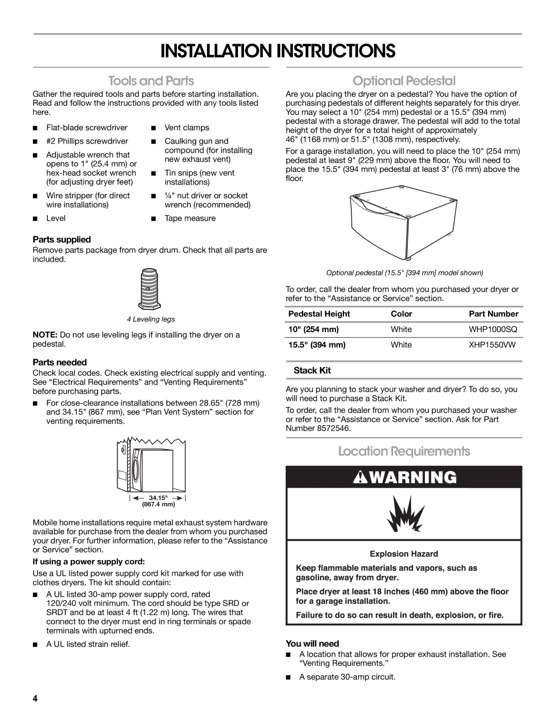 Amana W10233410A manual Installation Instructions, Tools and Parts, Optional Pedestal, Location Requirements 