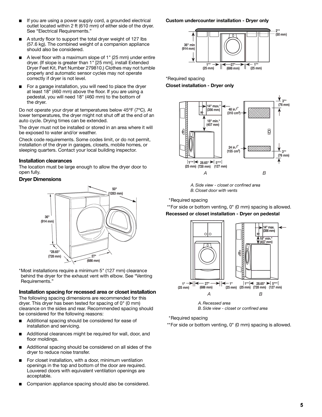 Amana W10233410A manual Installation clearances, Dryer Dimensions, Custom undercounter installation Dryer only 