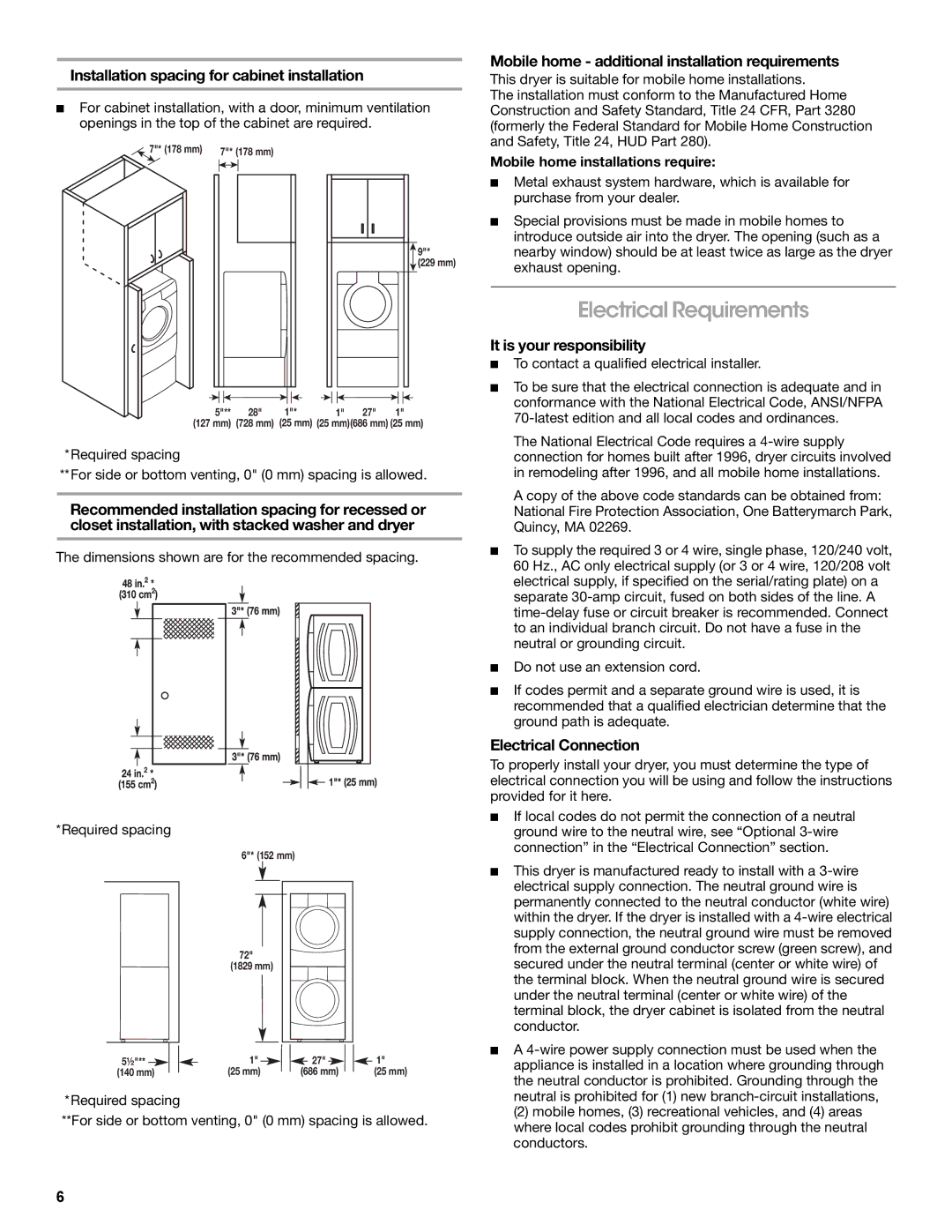 Amana W10233410A manual Electrical Requirements, Installation spacing for cabinet installation, It is your responsibility 