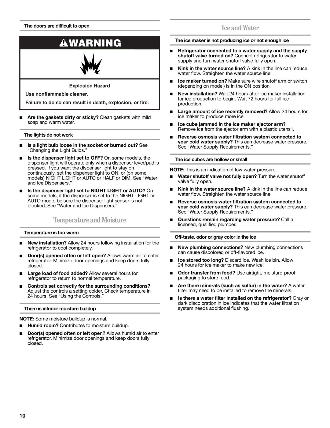 Amana W10237708A, W10237701A installation instructions Temperature and Moisture, Ice and Water, Temperature is too warm 