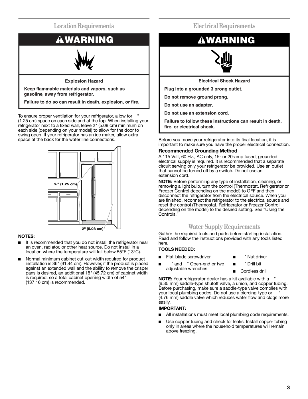 Amana W10237701A LocationRequirements, Electrical Requirements, Water Supply Requirements, Recommended Grounding Method 