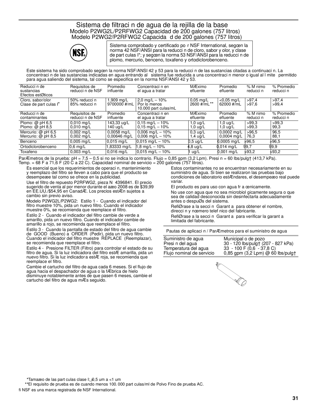 Amana W10237701A, W10237708A installation instructions Sistema de filtración de agua de la rejilla de la base 