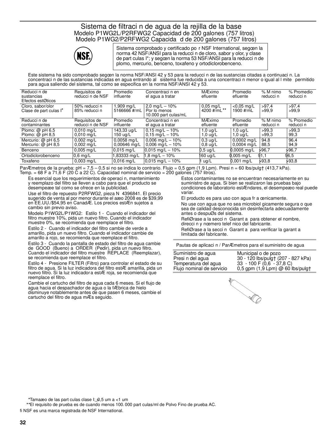 Amana W10237708A, W10237701A installation instructions Sistema de filtración de agua de la rejilla de la base 