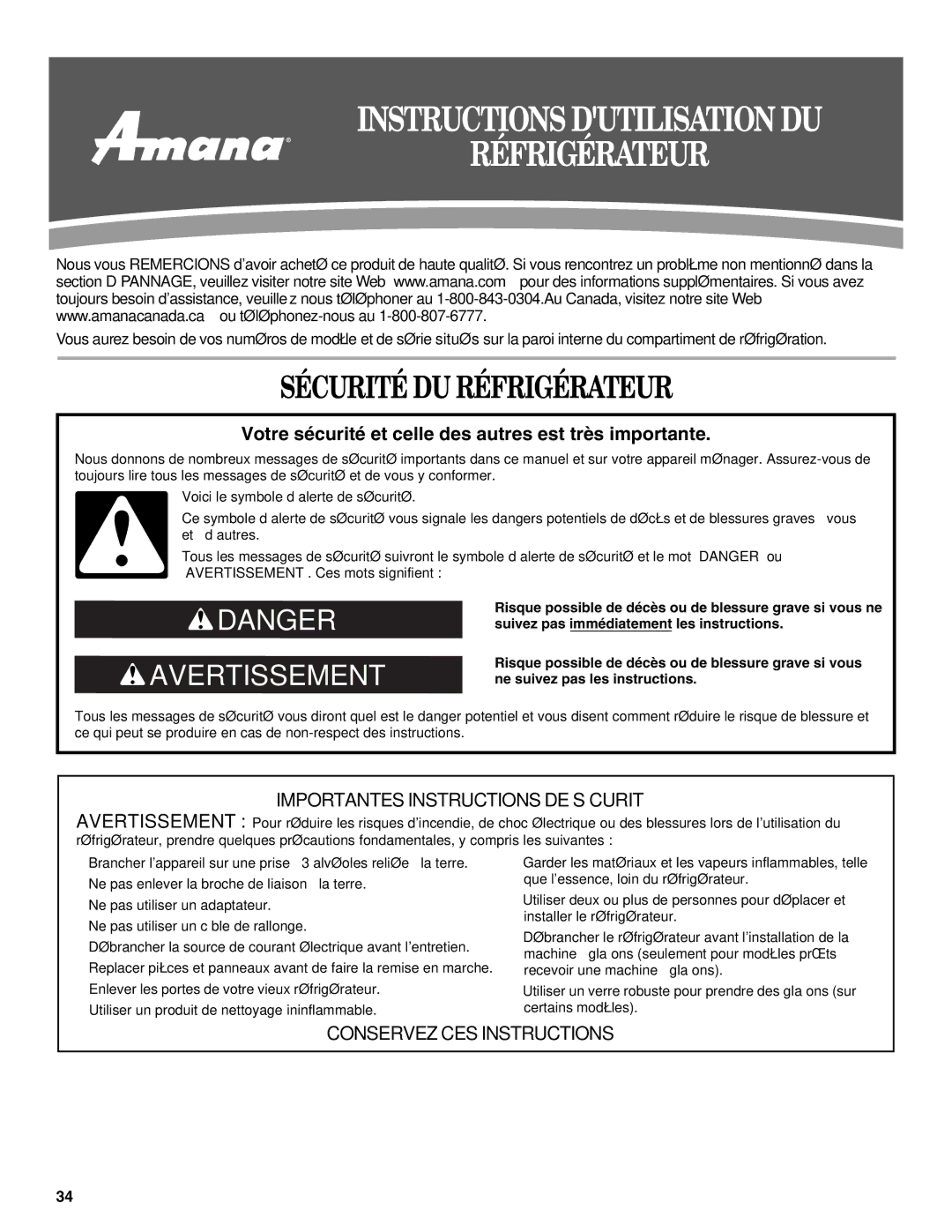 Amana W10237708A, W10237701A installation instructions Instructions Dutilisation DU Réfrigérateur, Sécurité DU Réfrigérateur 