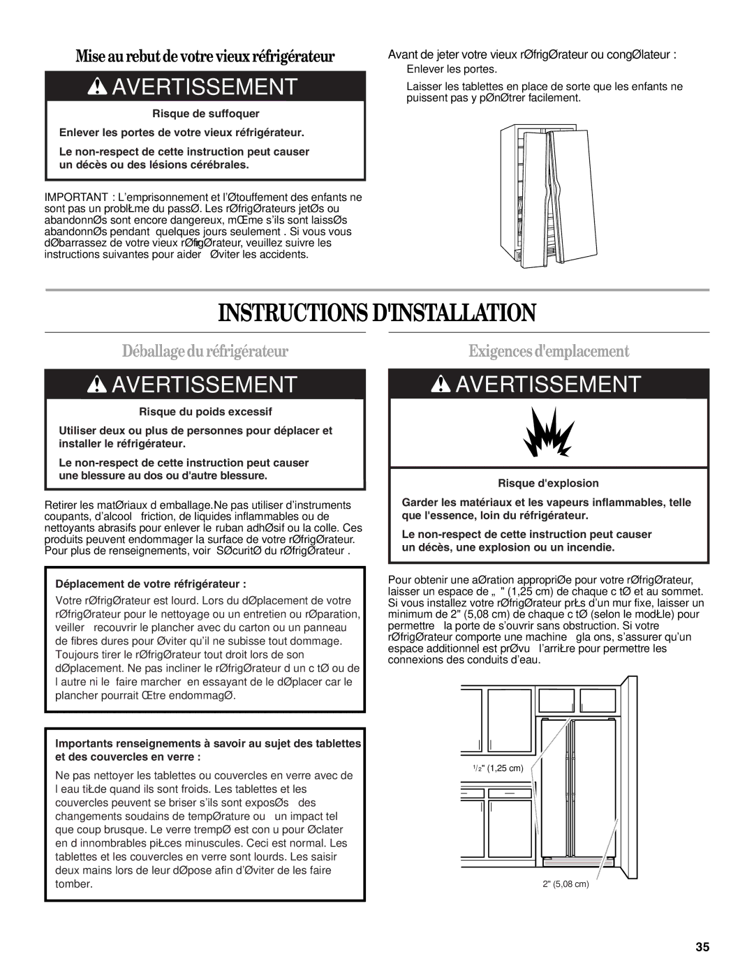 Amana W10237701A, W10237708A Instructions Dinstallation, Déballagedu réfrigérateur, Exigences demplacement 