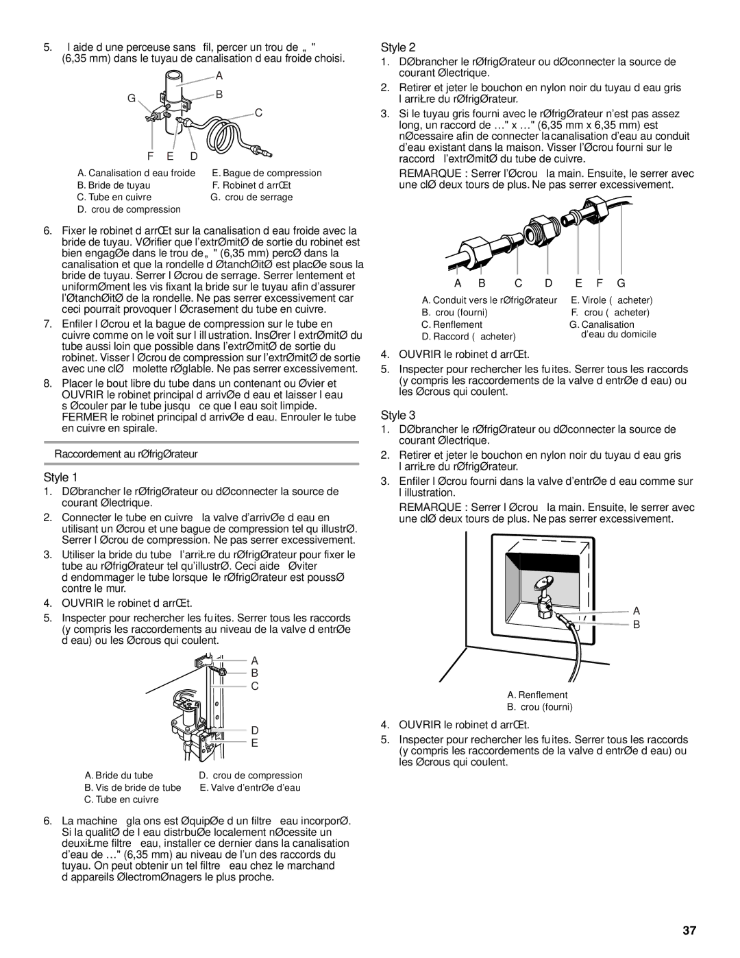 Amana W10237701A, W10237708A Raccordement au réfrigérateur, Vis de bride de tube Valve dentrée deau Tube en cuivre 