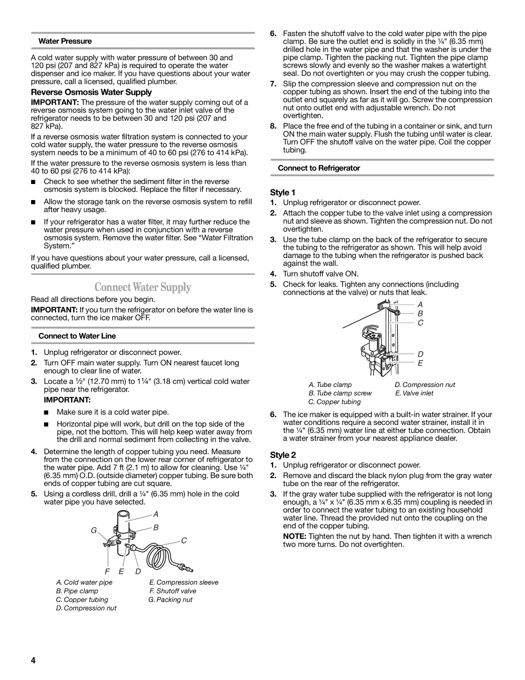 Amana W10237708A, W10237701A installation instructions Connect Water Supply, Reverse Osmosis Water Supply, Style 