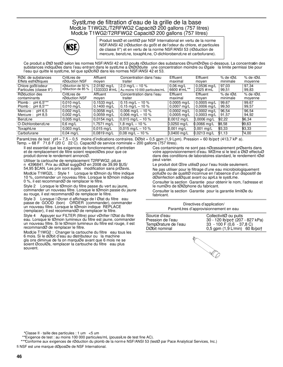 Amana W10237708A, W10237701A installation instructions Système de filtration deau de la grille de la base 