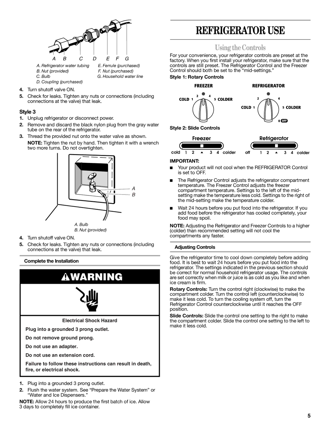 Amana W10237701A Refrigerator USE, Using theControls, Style 1 Rotary Controls Style 2 Slide Controls, Adjusting Controls 