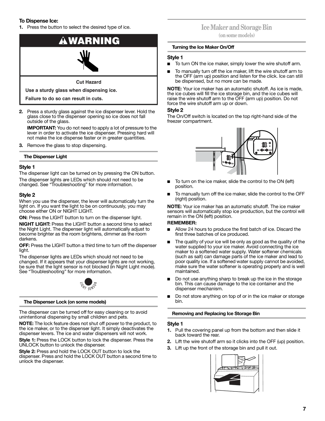 Amana W10237701A, W10237708A installation instructions Ice Maker and Storage Bin, To Dispense Ice, Remember 