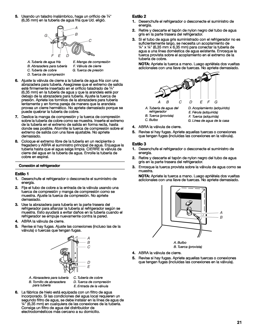 Amana W10237701A, W10237708A installation instructions Estilo, A G B C F E D, Conexión al refrigerador, E F G 