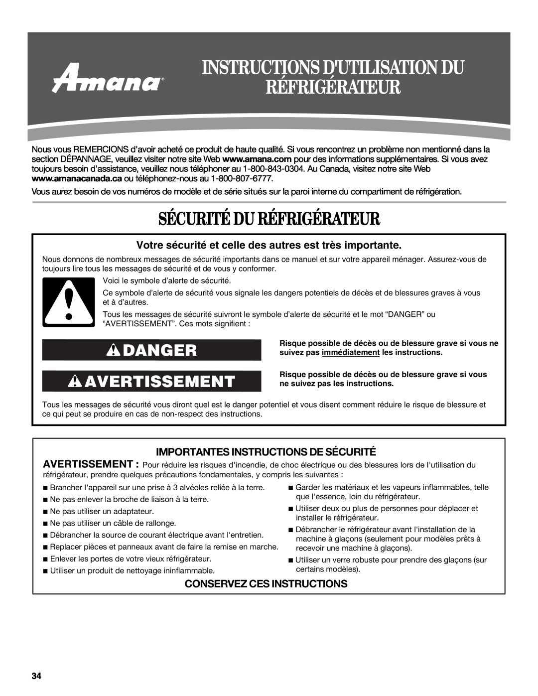 Amana W10237708A, W10237701A Instructions Dutilisation Du Réfrigérateur, Sécurité Du Réfrigérateur, Danger Avertissement 