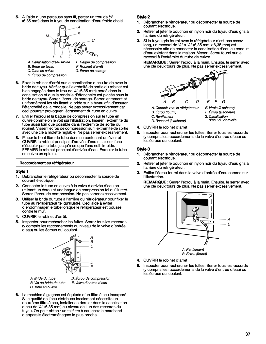 Amana W10237701A, W10237708A installation instructions A G B C F E D, Raccordement au réfrigérateur, E F G 
