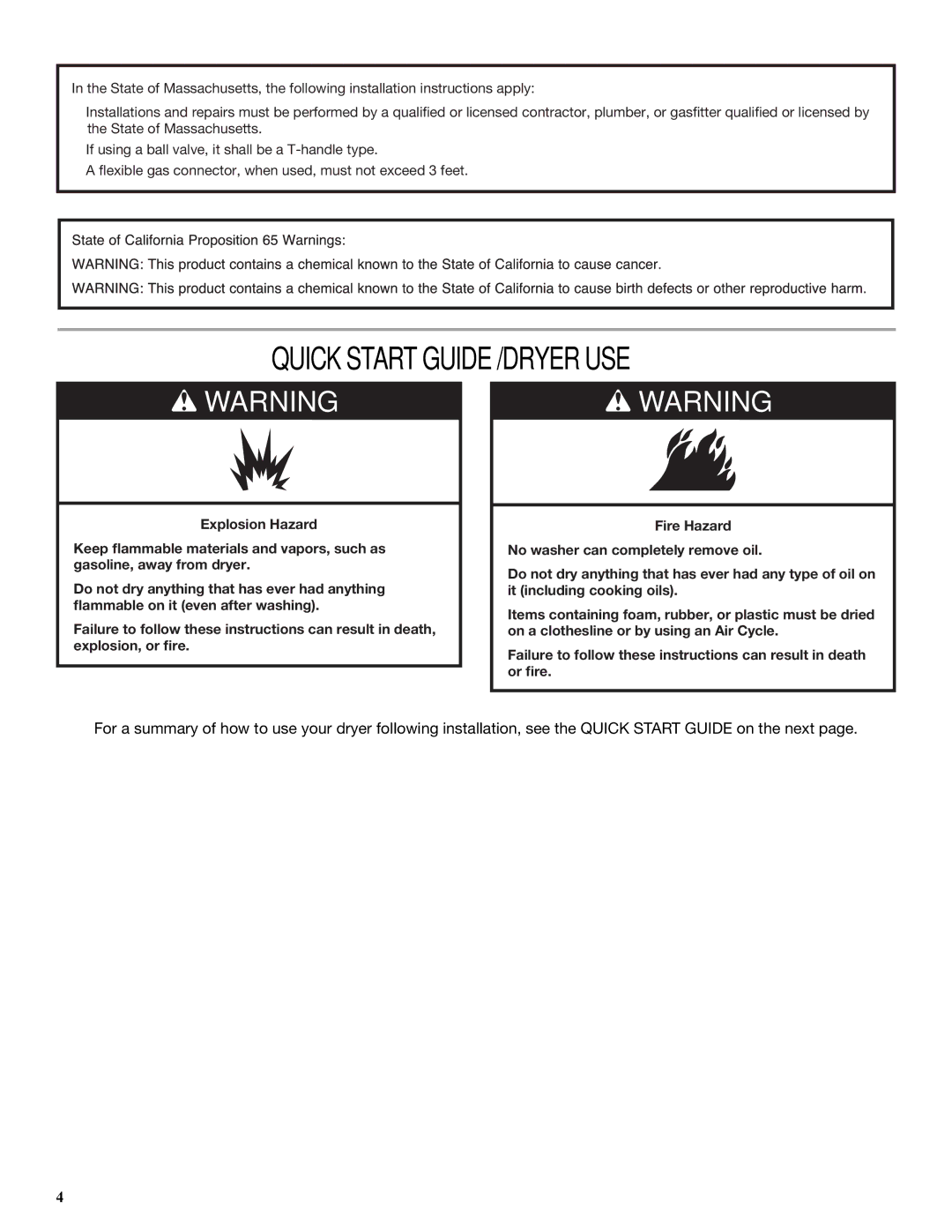 Amana W10240880A quick start Quick Start Guide /DRYER USE 