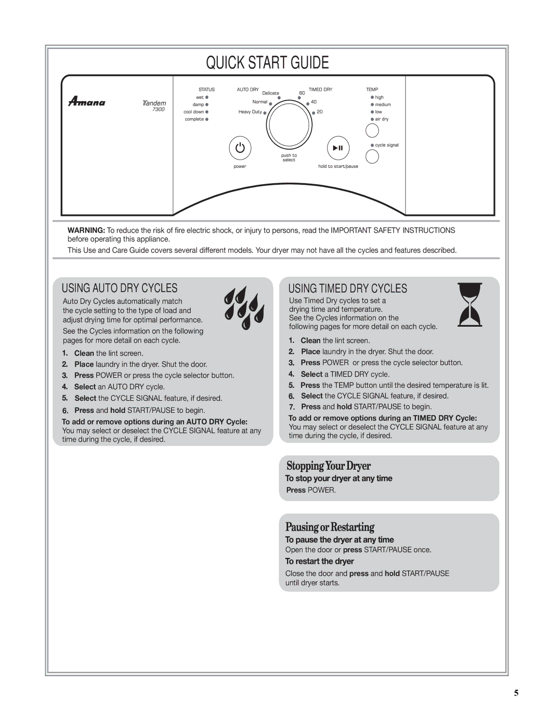 Amana W10240880A quick start Quick Start Guide 