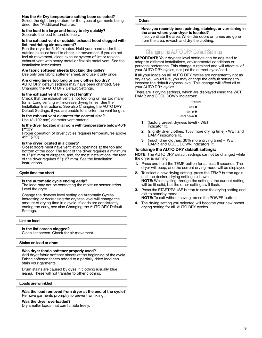 Amana W10240880A quick start To change the Auto DRY default settings 