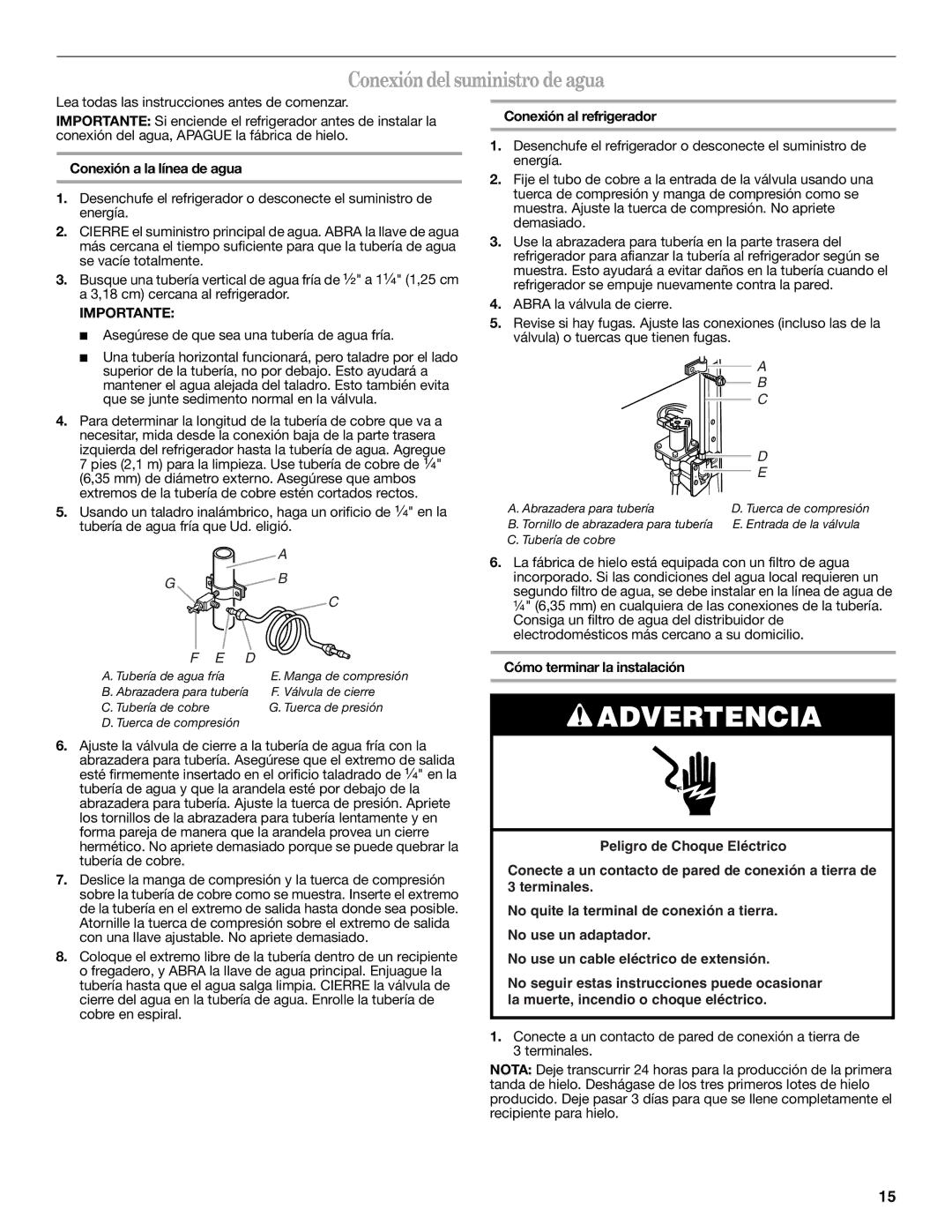 Amana W10249208A, W10249209A Conexión del suministro de agua, Conexión a la línea de agua, Conexión al refrigerador 