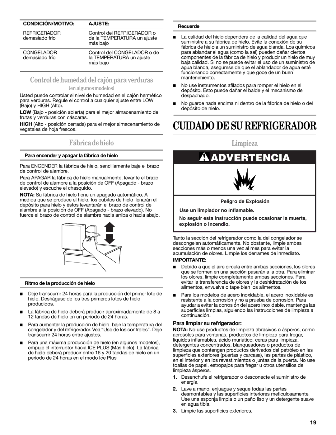 Amana W10249208A, W10249209A installation instructions Fábrica de hielo, Limpieza, Para limpiar su refrigerador 