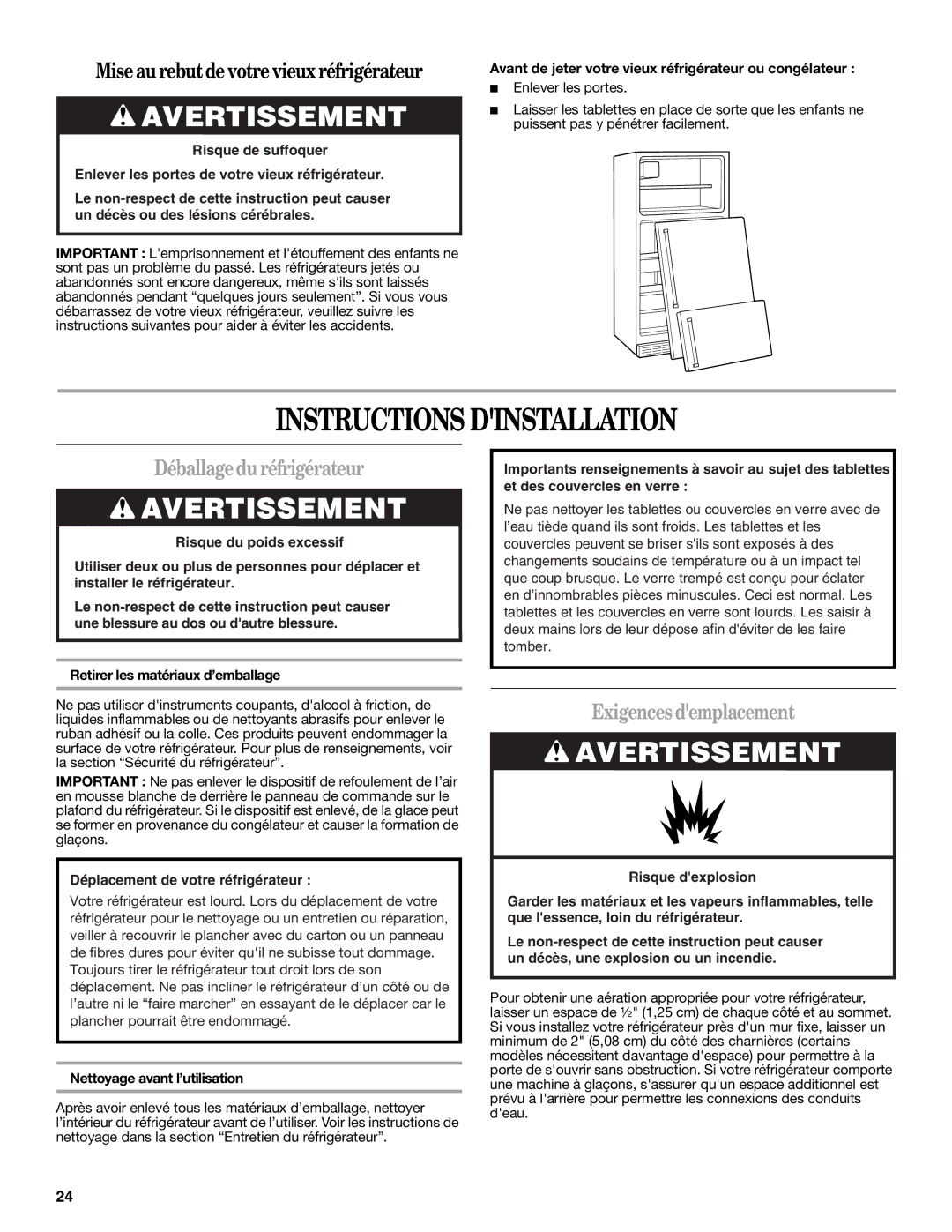 Amana W10249209A, W10249208A Instructions Dinstallation, Déballagedu réfrigérateur, Exigences demplacement 