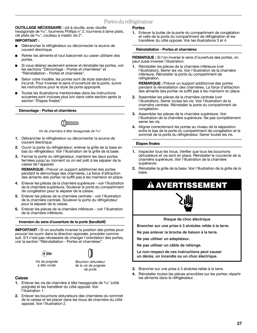 Amana W10249208A, W10249209A installation instructions Portes du réfrigérateur, Caisse 