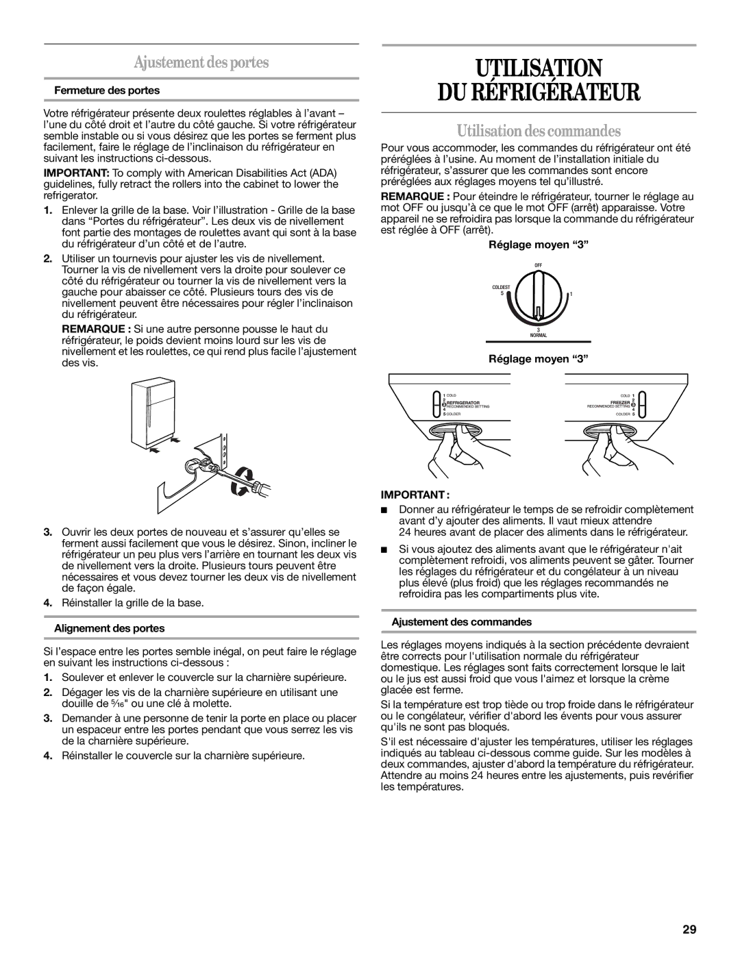 Amana W10249208A, W10249209A Utilisation DU Réfrigérateur, Ajustement desportes, Utilisation des commandes 