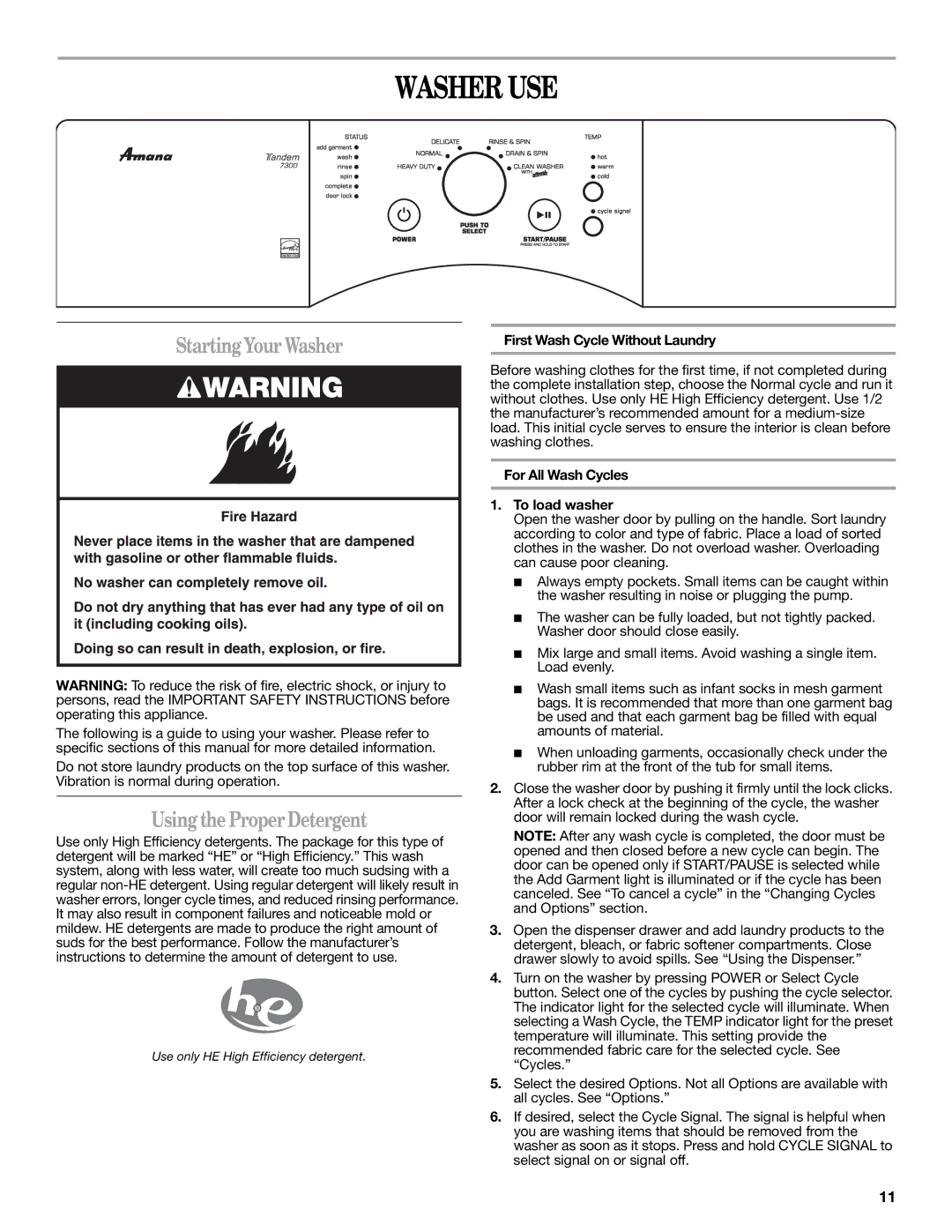 Amana W10252719A Washer USE, Starting Your Washer, Using the Proper Detergent, First Wash Cycle Without Laundry 