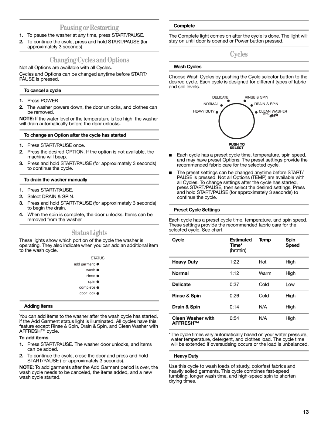 Amana W10252719A installation instructions Pausing or Restarting, Changing Cycles and Options, Status Lights, Affresh 