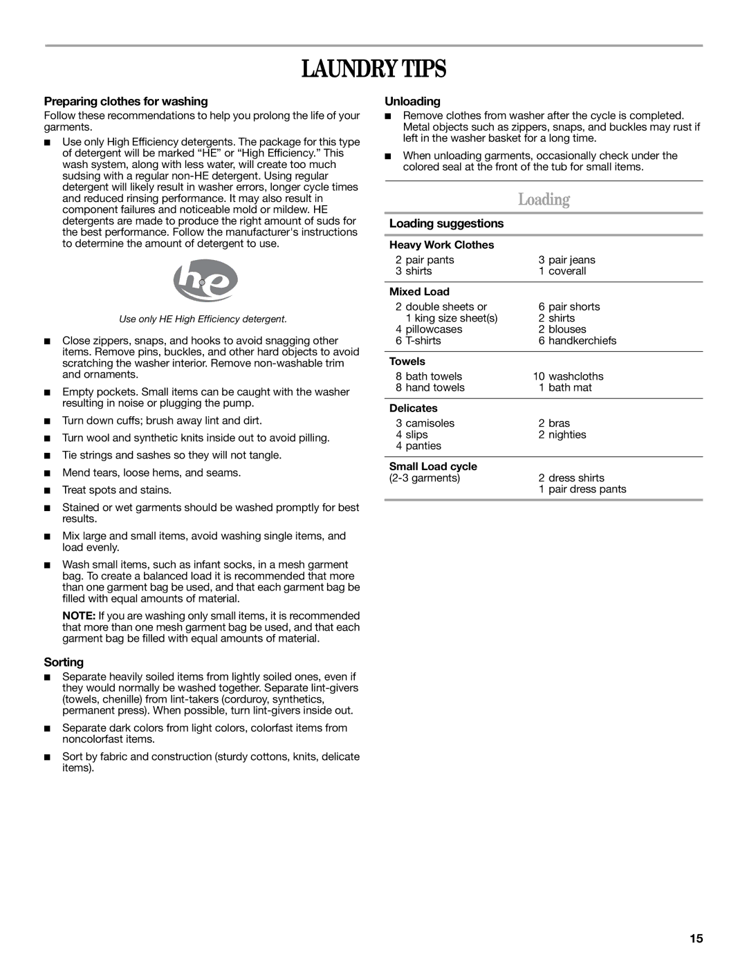 Amana W10252719A installation instructions Laundry Tips, Loading 