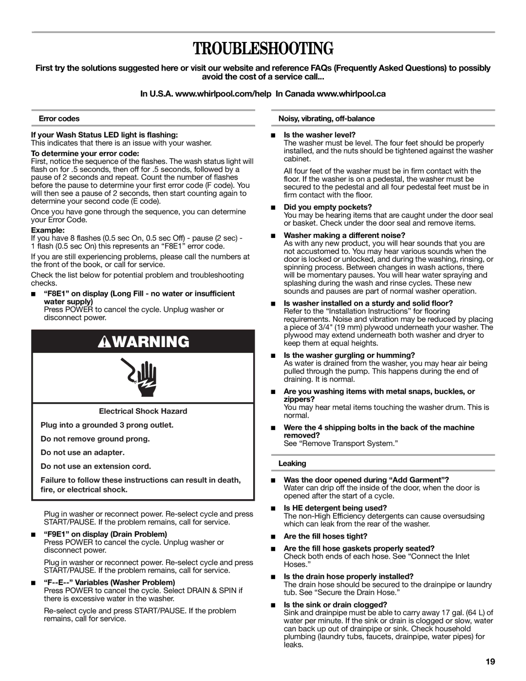 Amana W10252719A installation instructions Troubleshooting 