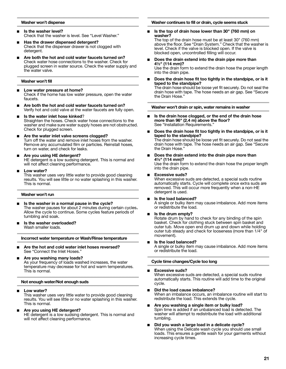 Amana W10252719A Washer won’t dispense Is the washer level?, Has the drawer dispensed detergent?, Low water? 