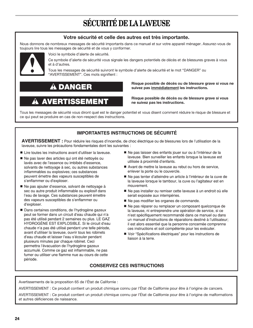 Amana W10252719A installation instructions Sécurité DE LA Laveuse, Votre sécurité et celle des autres est très importante 