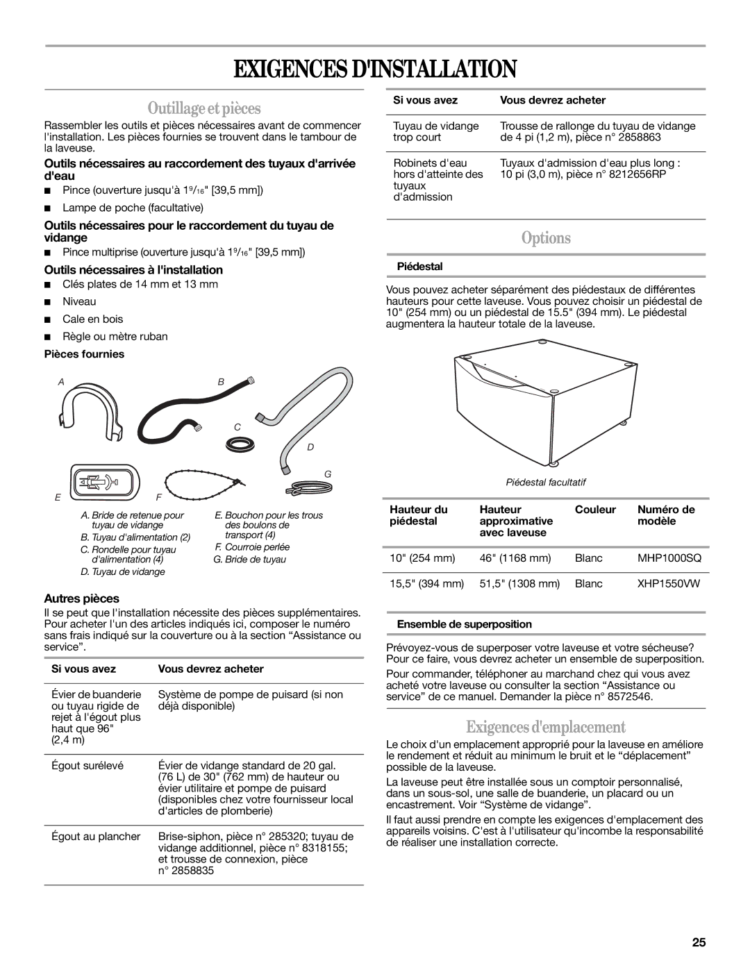 Amana W10252719A installation instructions Exigences Dinstallation, Outillage et pièces, Exigences demplacement 