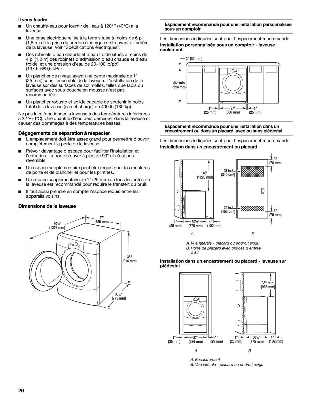 Amana W10252719A installation instructions Dégagements de séparation à respecter, Dimensions de la laveuse, Il vous faudra 