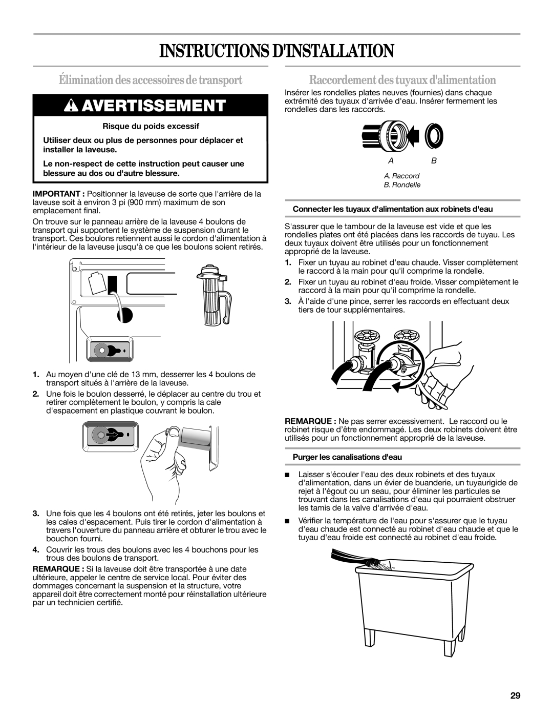 Amana W10252719A Instructions Dinstallation, Élimination des accessoires de transport, Purger les canalisations deau 