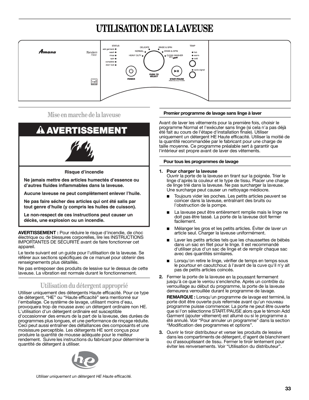 Amana W10252719A Utilisation DE LA Laveuse, Mise en marche de la laveuse, Utilisation du détergent approprié 