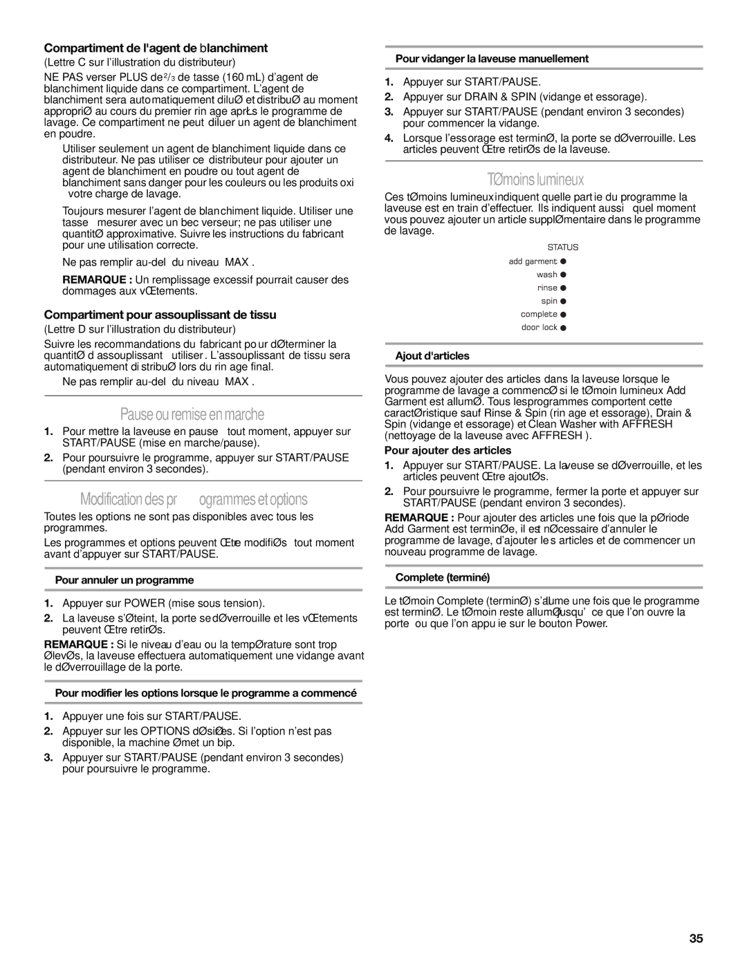 Amana W10252719A Pause ou remise en marche, Modification des programmes et options, Témoins lumineux 