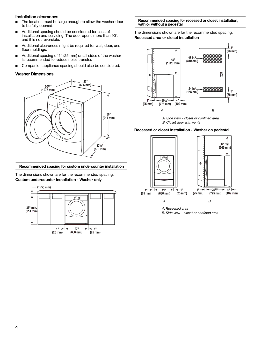 Amana W10252719A installation instructions Installation clearances, Washer Dimensions 