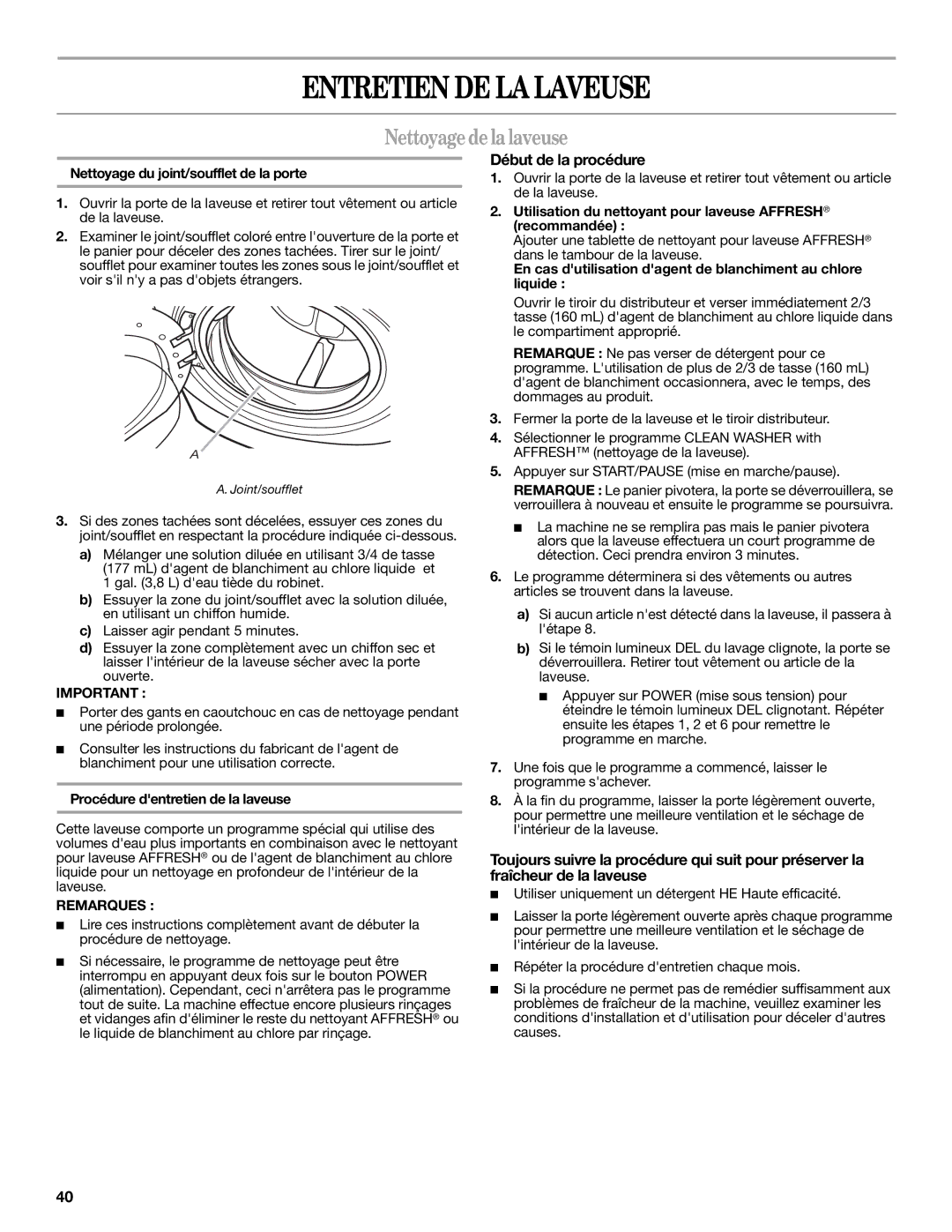 Amana W10252719A installation instructions Entretien DE LA Laveuse, Nettoyage de la laveuse, Début de la procédure 