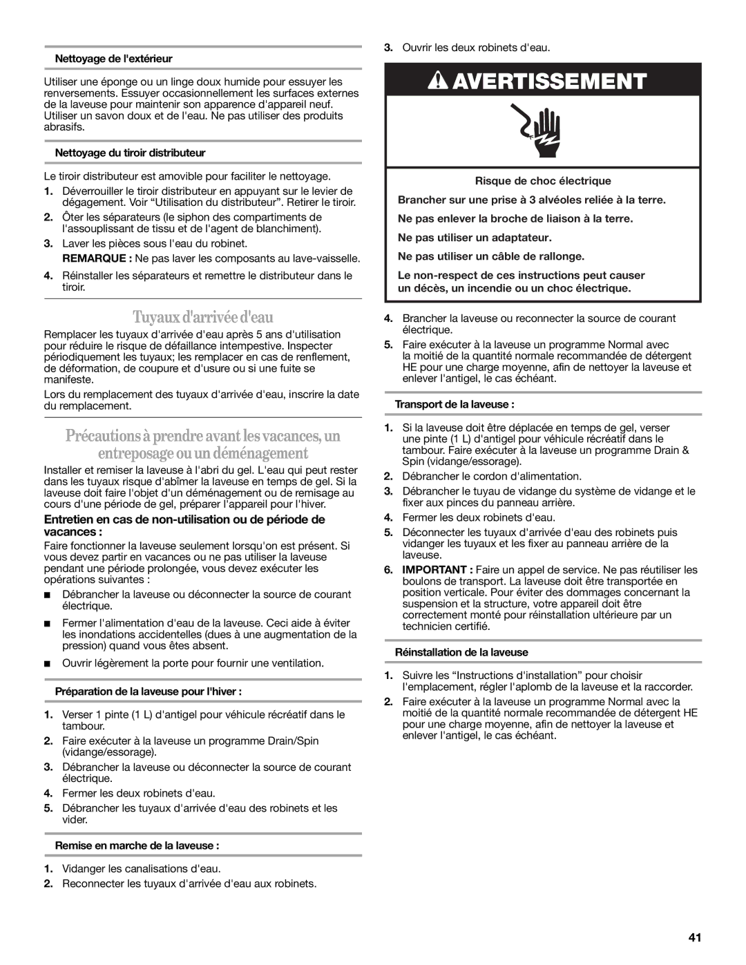 Amana W10252719A installation instructions Tuyaux darrivée deau, Entreposage ou un déménagement 